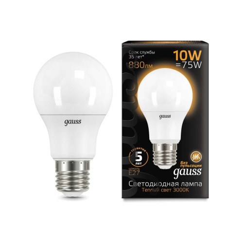 Лампа светодиодная Gauss A60 102502110 10Вт E27 шар 220B 3000K св.свечения белый теплый A60 уп/10шт