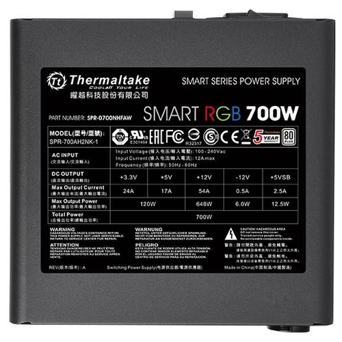 Блок питания Thermaltake Smart RGB 700 80+ ATX 700W (24+4+4pin) APFC 120mm fan color LED 6xSata RTL