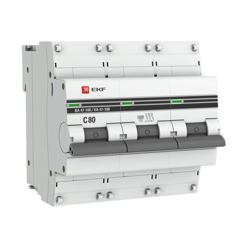 Автоматический выключатель EKF ВА 47-100 PROxima mcb47100-3-80C-pro 3P 80А C 10kA
