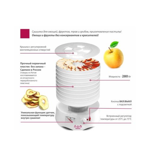 Сушилка для овощей и фруктов Мастерица EFD-0903VM + 2 поддона д/пастилы и лопатка