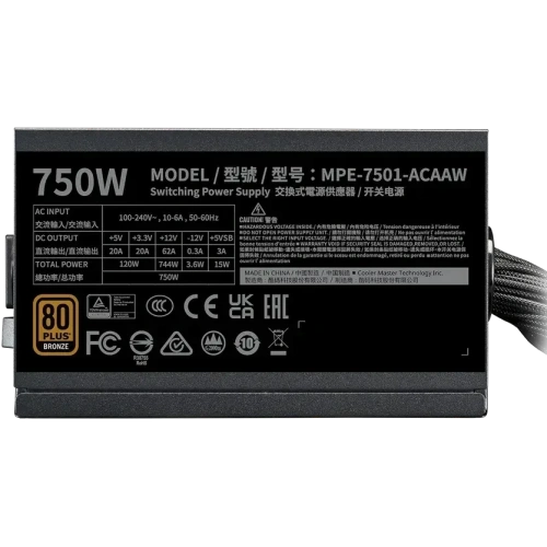 Блок питания Cooler Master MWE Bronze V3 Gen.5 (MPE-7501-ACAAW-3BEU), 750Вт, 80 Plus Bronze, 120мм, retail