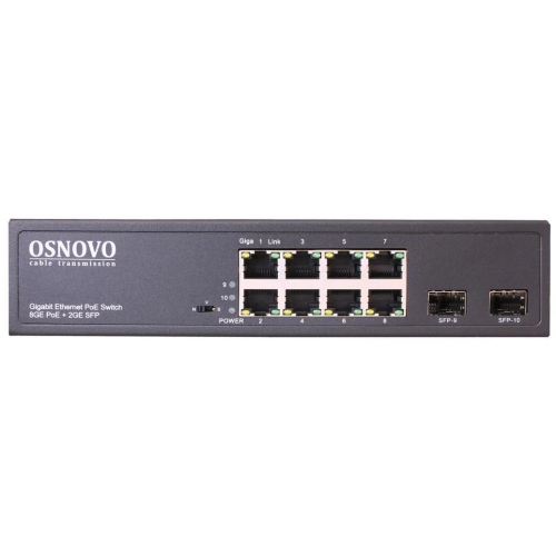 Коммутатор OSNOVO (SW-80802(150W)) Гигабитный PoE на 10 портов, 8 *10/100/1000 Base-T PoE, 2*SFP 1000 Base-T, PoE на порт до 30W, суммарно до 150W
