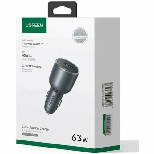 Автомобильное зарядное устройство UGREEN EC701 (35023) 63W 2*USB-C PD 3.0&USB-A w/o Cable Fast Car Charger Gray