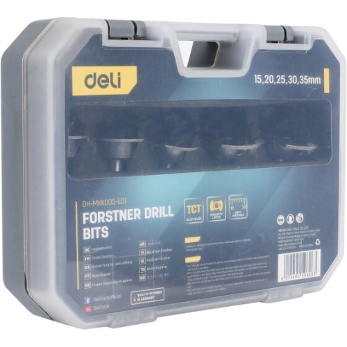 Набор сверл Форстнера Deli DH-MKK005-ED1 5 шт (15/20/25/30/35мм) ограничитель глубины, пласт. кейс