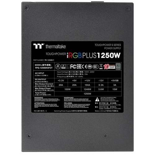 Блок питания Thermaltake Toughpower iRGB Plus (PS-TPI-1250F3FDTE-1)1250W Titanium/Fully Modular/Riing Duo/Digital/80 Plus Titanium/EU