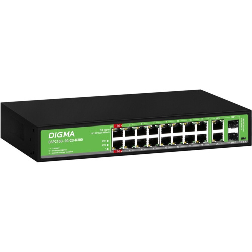 Коммутатор неуправляемый Digma DSP216G-2G-2S-R300 (L2) 18x1Гбит/с 2SFP 16PoE 16PoE+ 2PoE++ 300W